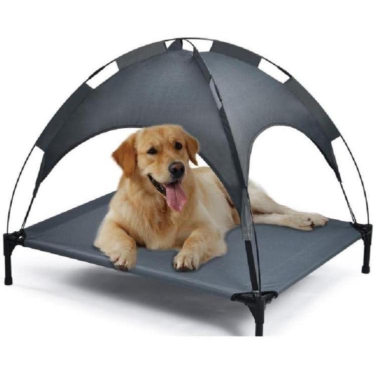 Petease Outdoor Dog Bed – Portable Grey Pet Bed with UV-Resistant Canopy